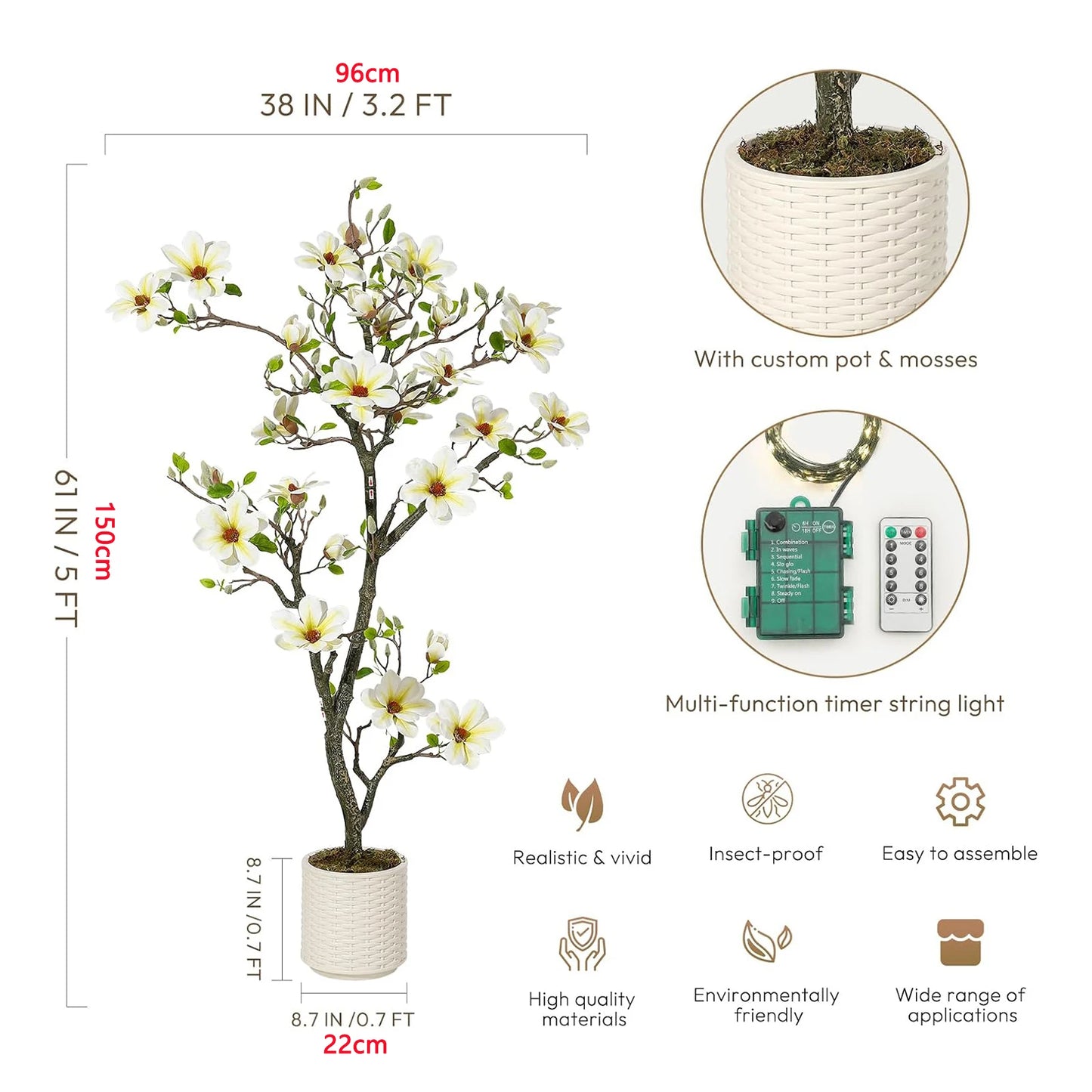 Artificial Magnolia Plant With LED Light For Indoor Outdoor Decor