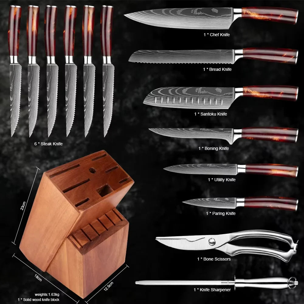 Zomali 15 Piece Knife Set With Wooden Block Damascus Pattern Razor Sharp Blades For Precision Slicing