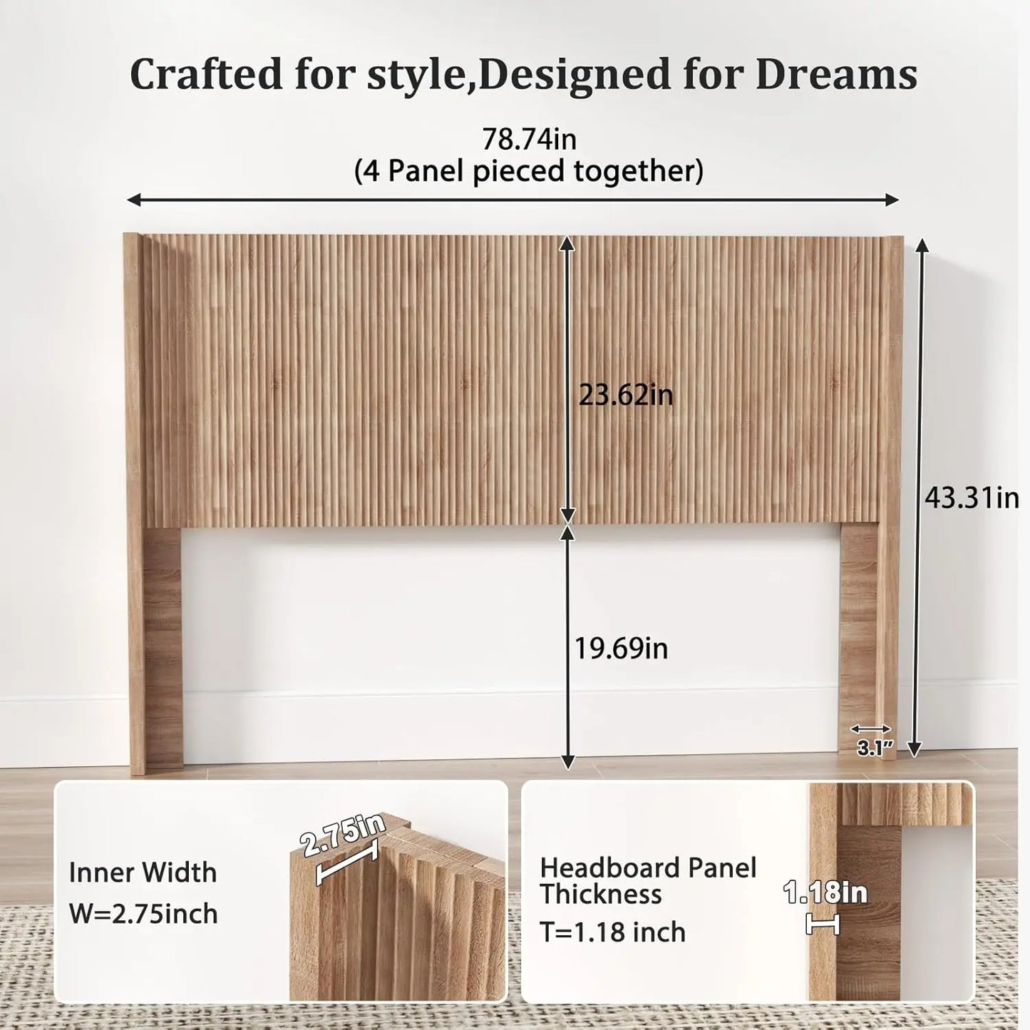 Fluted Headboard Wall Mount Wood Bedhead For Rustic Modern Farmhouse