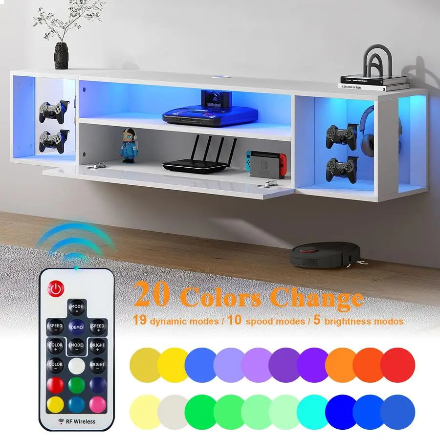 Floating TV Stand with LED Lights and Hidden Storage