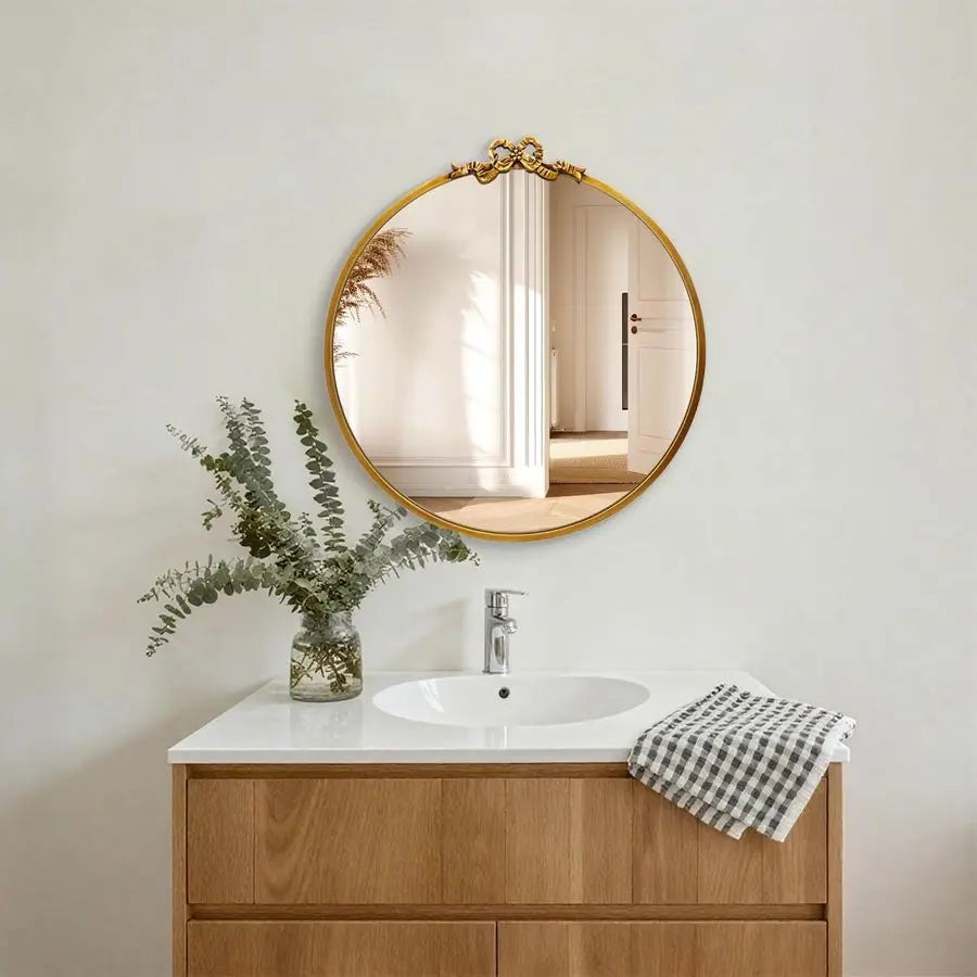 Antique Bow Round Mirror for Ornate Bathroom Wall Decor