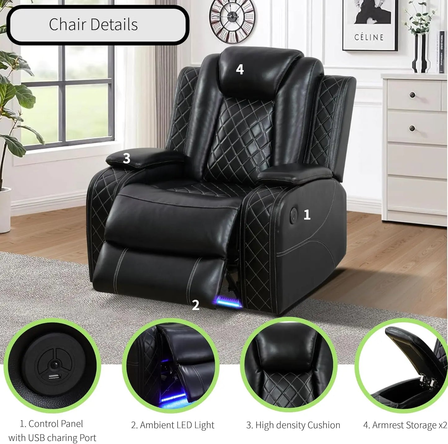 Power Recliner Sectional Sofa With LED Light Air Leather