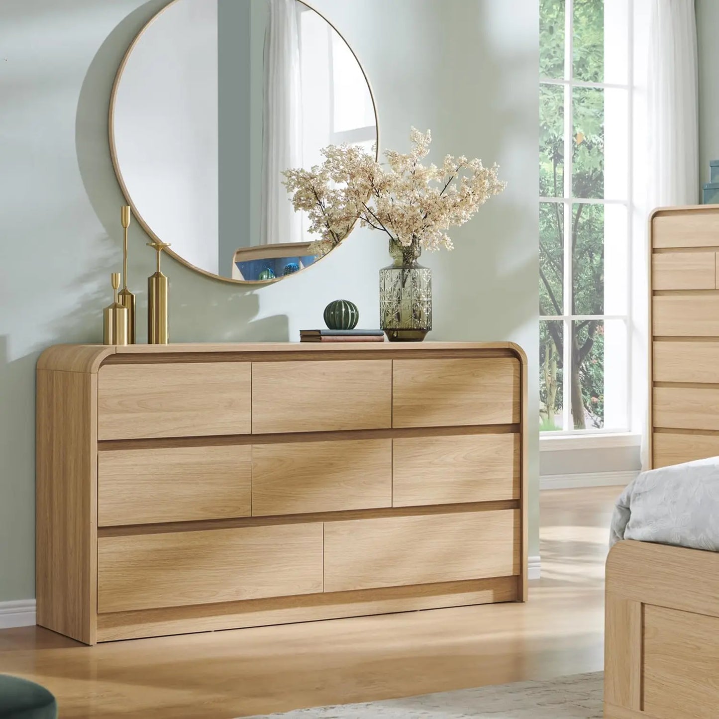 Modern 8 Drawer Dresser 55 Inch Wide With Curved Profile Mid Century Wood Storage For Bedroom
