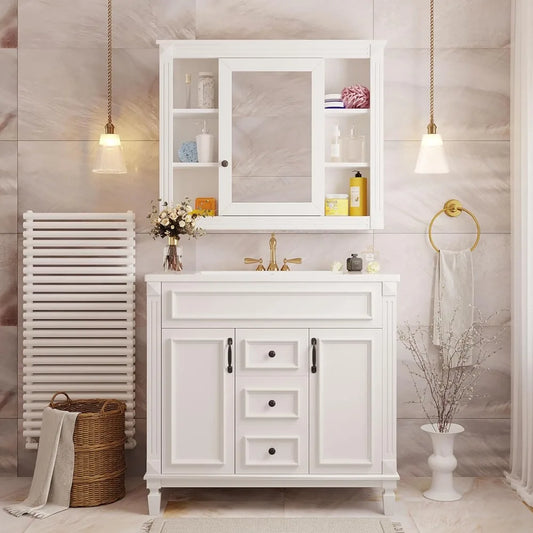 Zhuxiang 36 Inch Bathroom Vanity With Medicine Cabinet And Ceramic Sink Freestanding Traditional Storage Cabinet