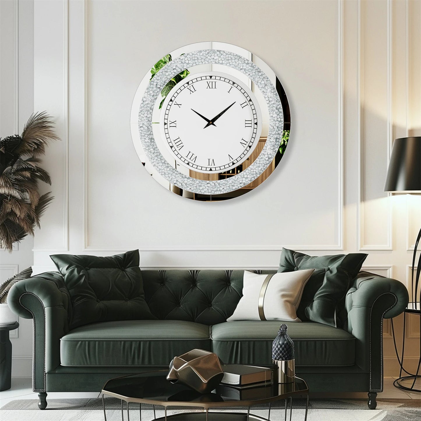 Silver Round Mirror Clock 60cm 80cm Beveled Crystals Crushed Diamond Effect Glam Wall Decor for Home
