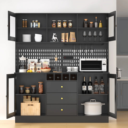 VOWNER Freestanding Pantry Cabinet For Kitchen Storage With Cup Holders Wine Racks Hooks And Pegboard Organizers