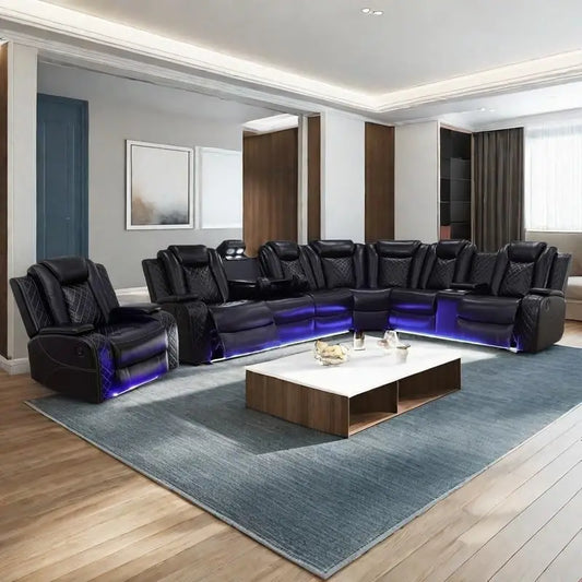 Power Recliner Sectional Sofa With LED Light Air Leather