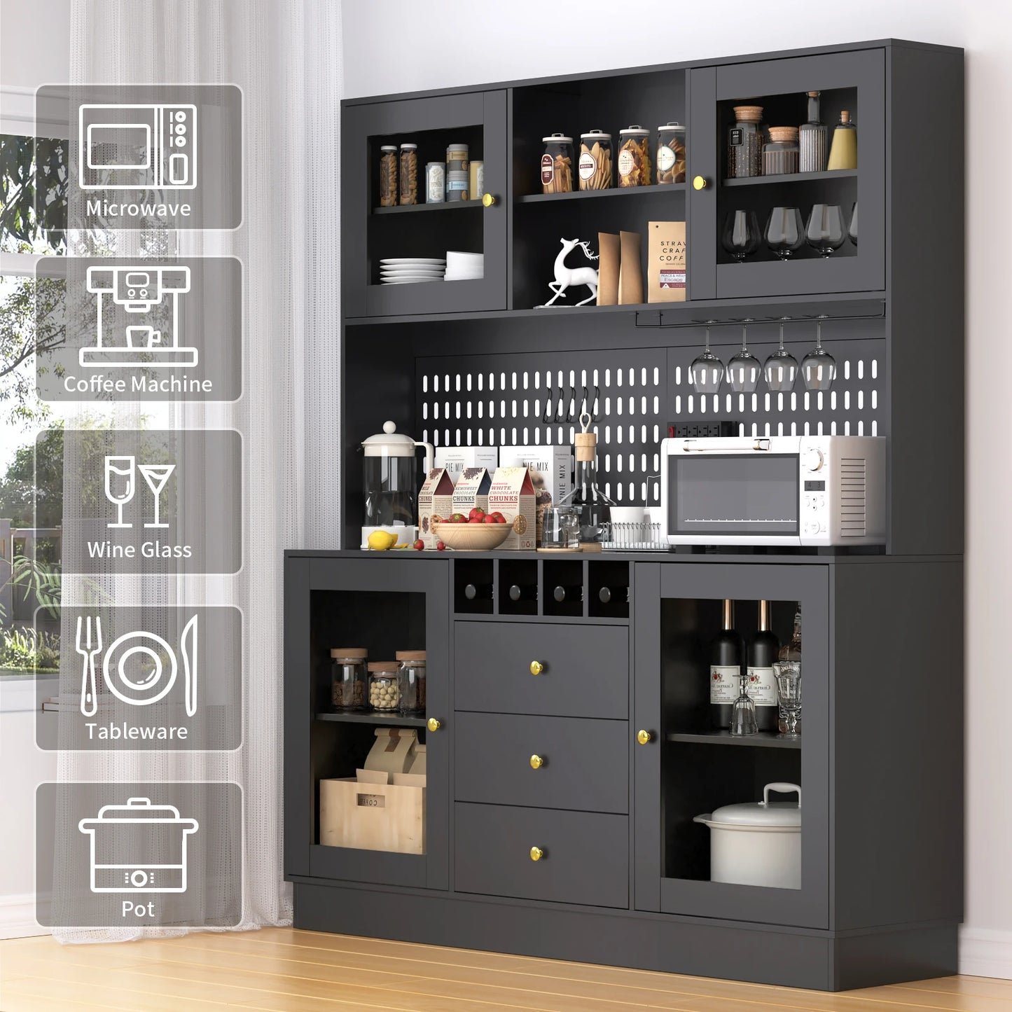 VOWNER Freestanding Pantry Cabinet For Kitchen Storage With Cup Holders Wine Racks Hooks And Pegboard Organizers