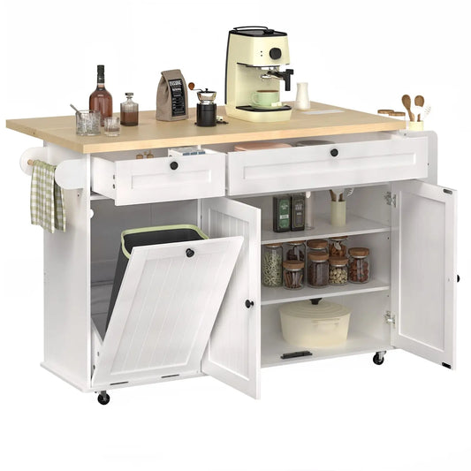Onbrill Mobile Kitchen Island With Power Outlet, Spice Rack, Towel Rack, And Trash Cabinet