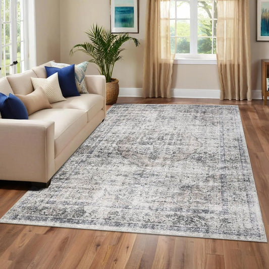 Washable Area Rug for Living Room and Bedroom, Stain Resistant Non Slip Backing, Foldable Polyester Floor Cover