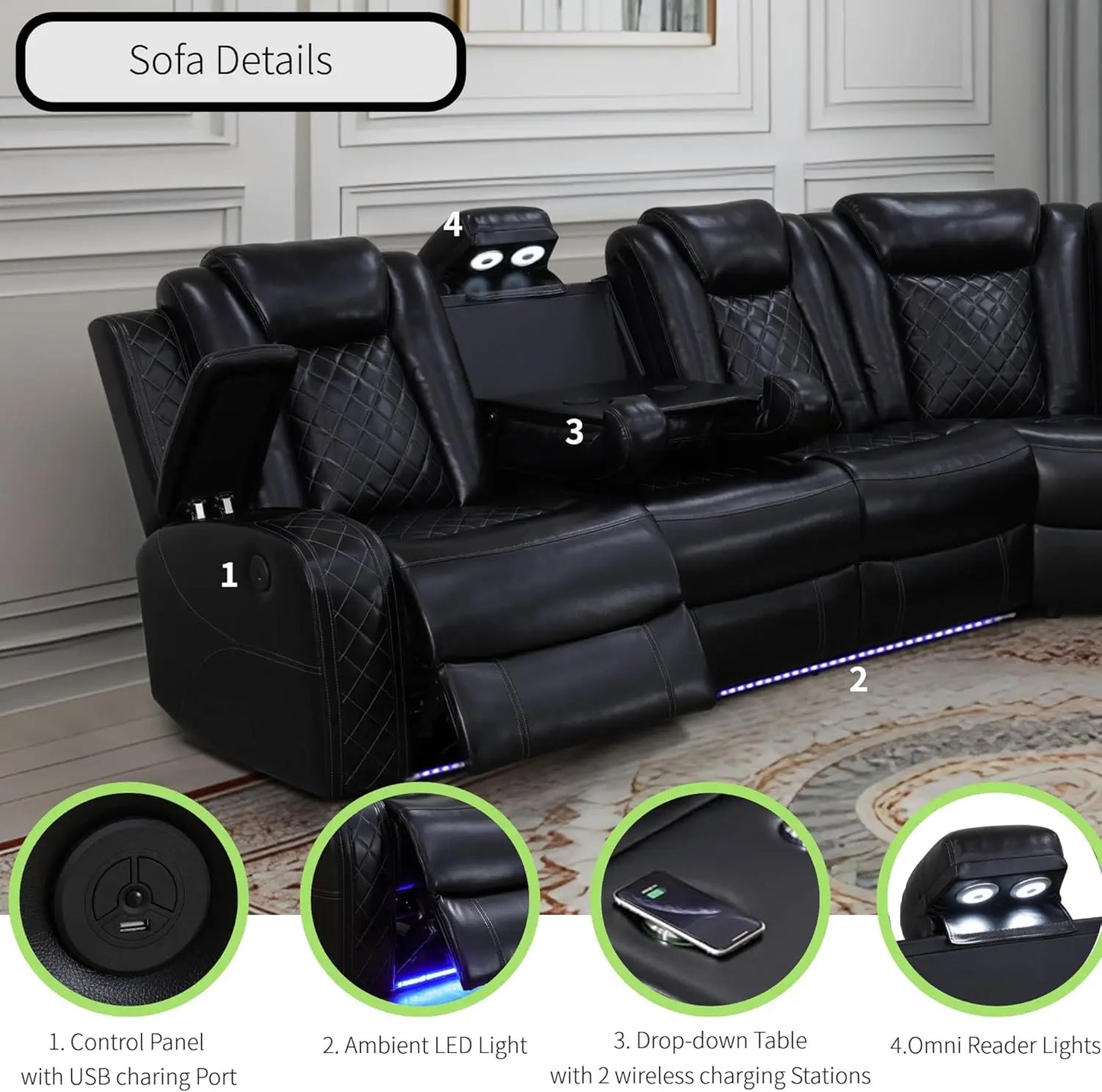 Power Recliner Sectional Sofa With LED Light Air Leather