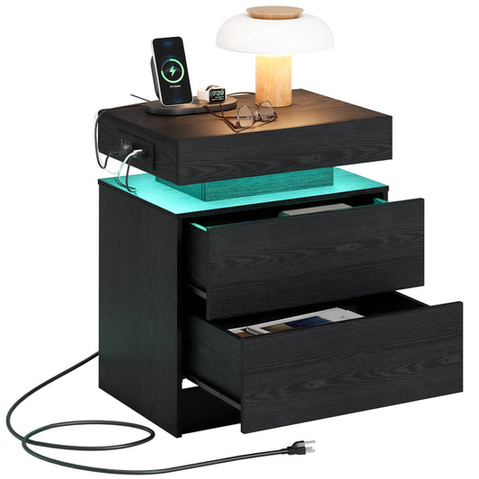 LIKIMIO Night Stand With Charging Station And LED Light Modern Black Nightstand With Drawers Bedside Table For Bedroom