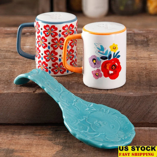 Floral Spoon Rest And Salt And Pepper Shaker Set Stoneware Kitchen Decor