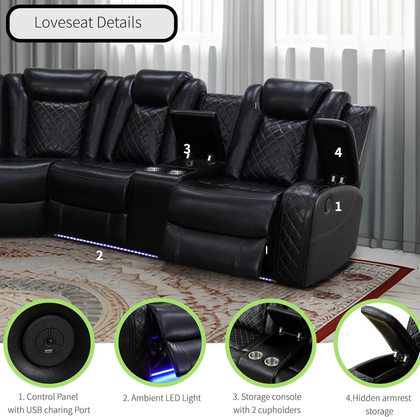 Power Recliner Sectional Sofa With LED Light Air Leather