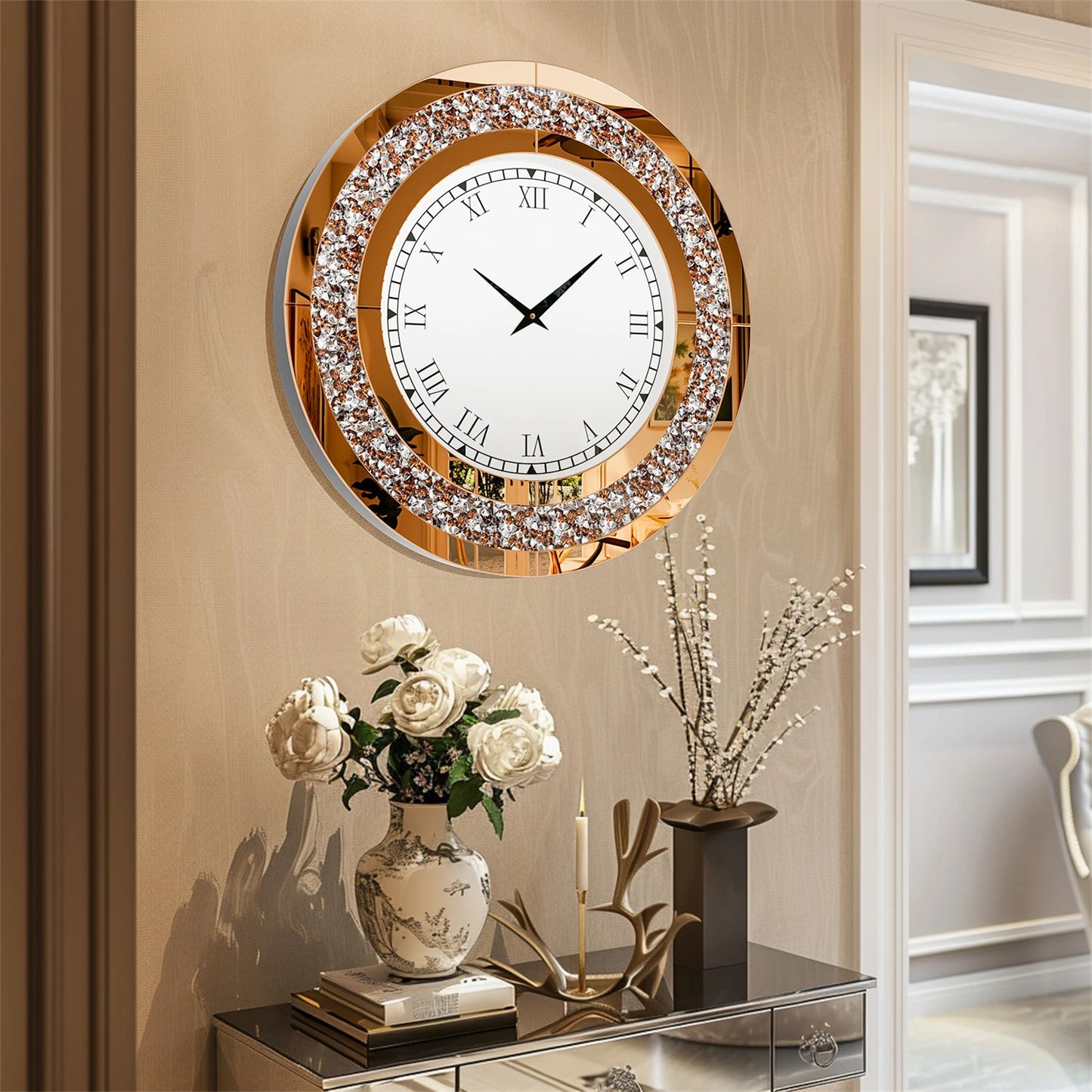 Silver Round Mirror Clock 60cm 80cm Beveled Crystals Crushed Diamond Effect Glam Wall Decor for Home
