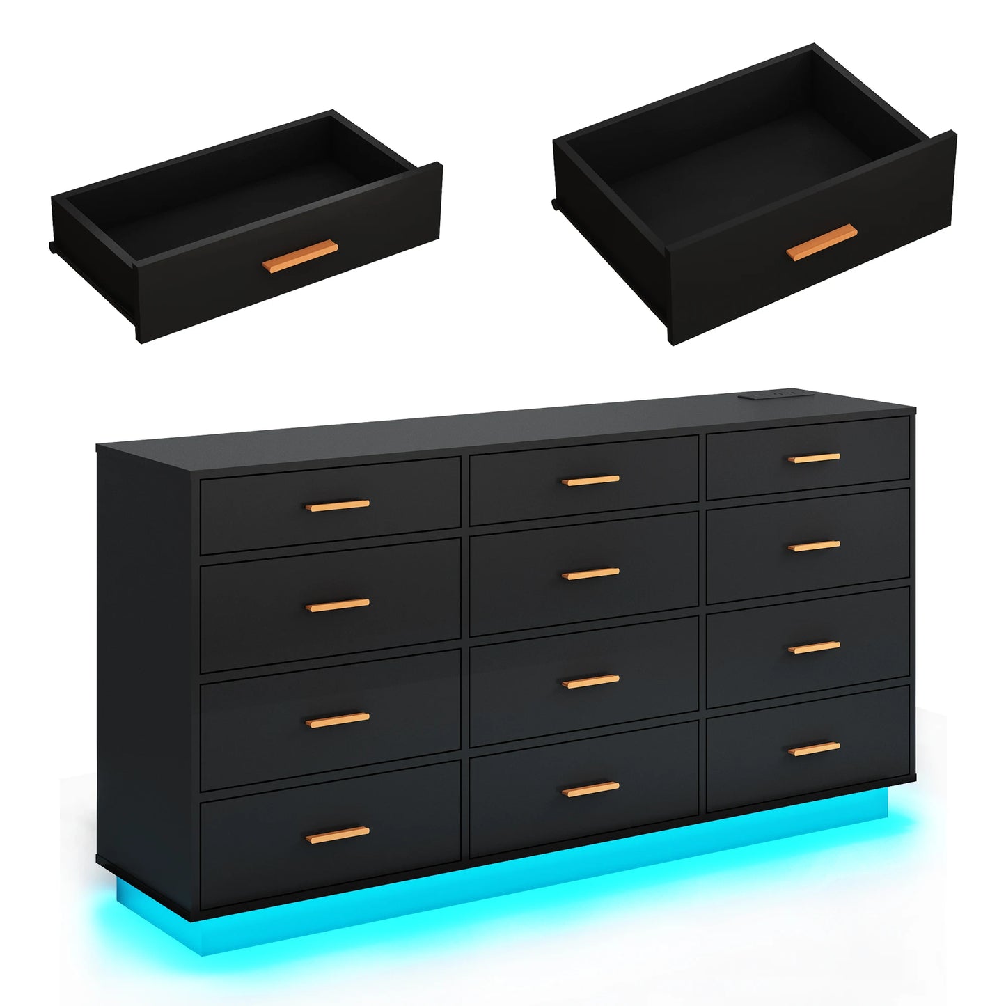 63 Inch Wide Modern 12 Drawer Dresser With Built In Power Outlets And LED Lighting For Bedroom And Living Room