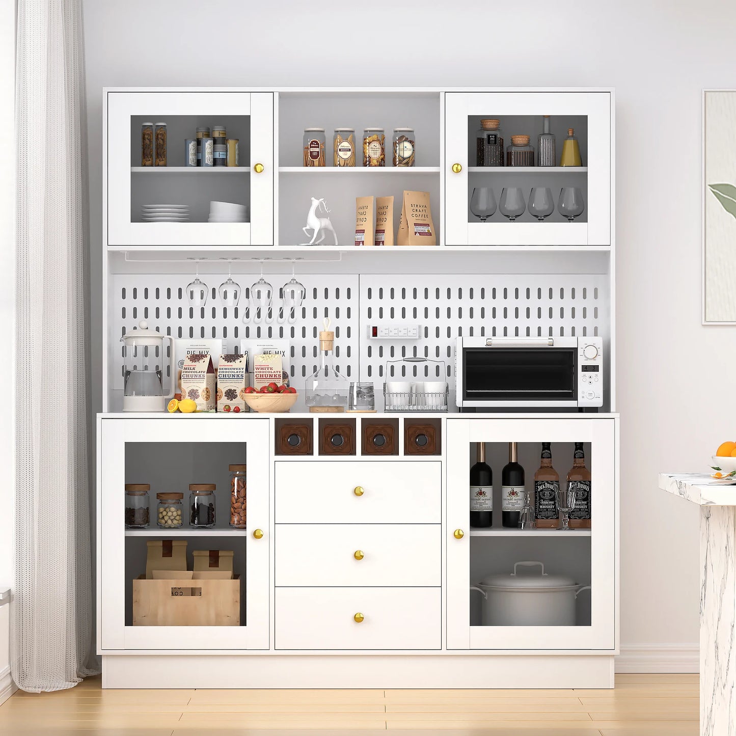 VOWNER Freestanding Pantry Cabinet For Kitchen Storage With Cup Holders Wine Racks Hooks And Pegboard Organizers