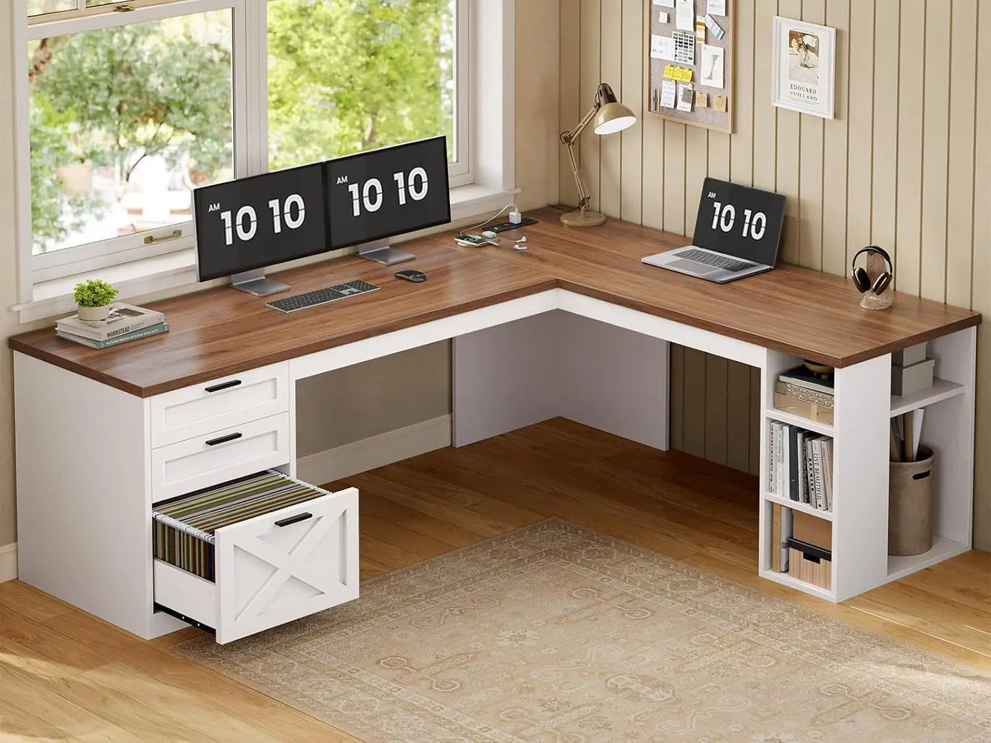 Desk Design Farmhouse L-Shaped Desk With 3 Drawers
