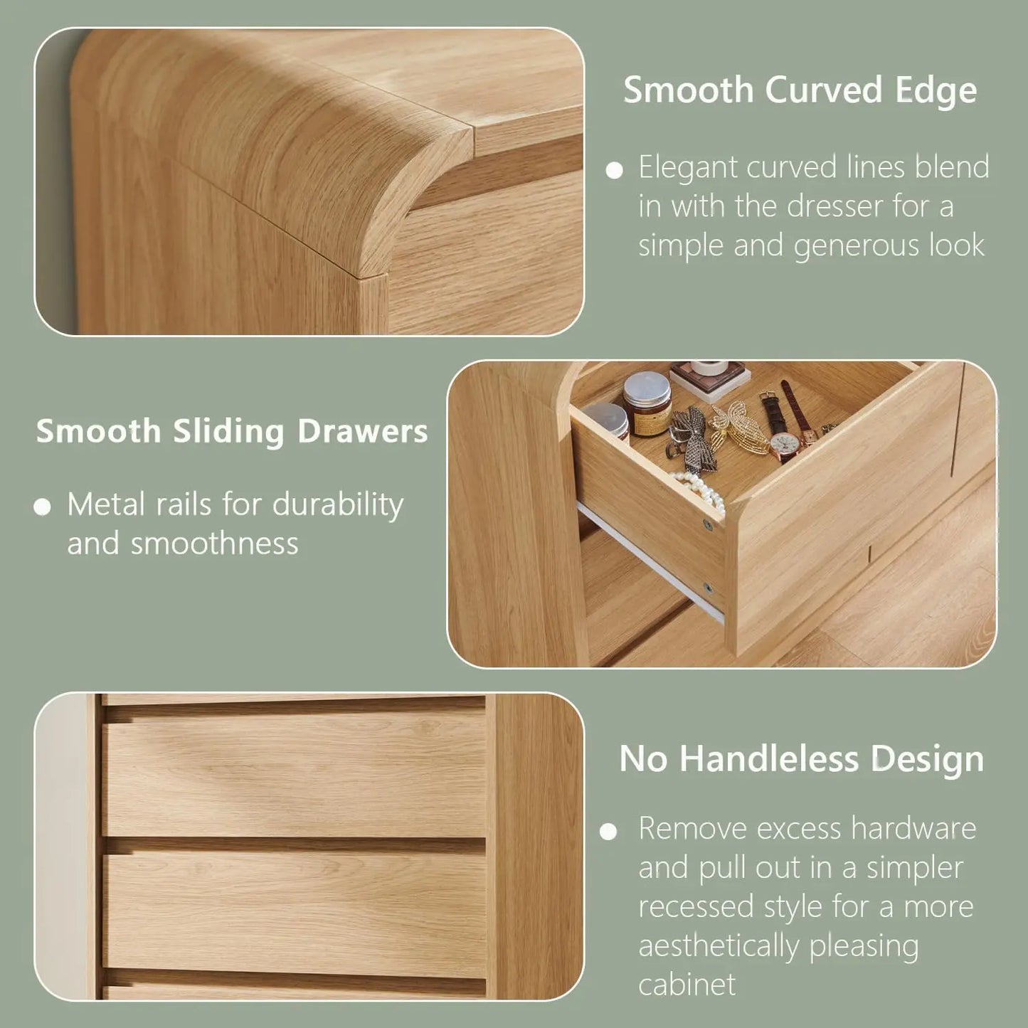 Modern 8 Drawer Dresser 55 Inch Wide With Curved Profile Mid Century Wood Storage For Bedroom