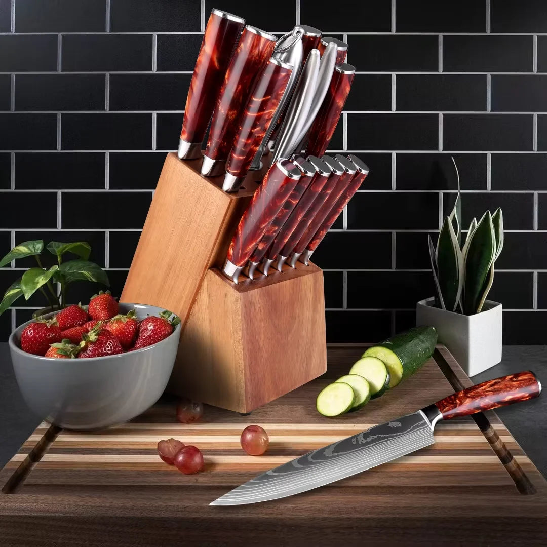 Zomali 15 Piece Knife Set With Wooden Block Damascus Pattern Razor Sharp Blades For Precision Slicing