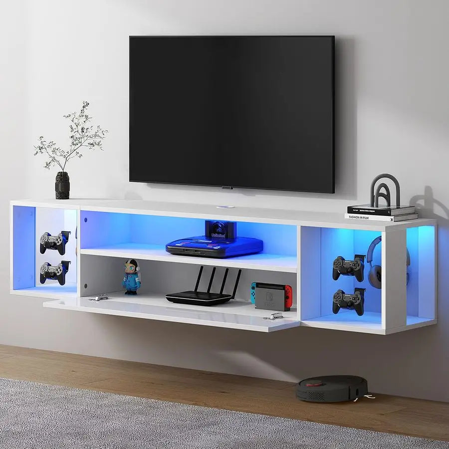 Floating TV Stand with LED Lights and Hidden Storage