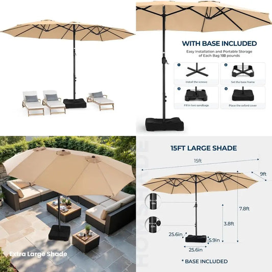 RBXC 15ft Double Sided Outdoor Patio Umbrella With Base For Market And Pool Side Shade