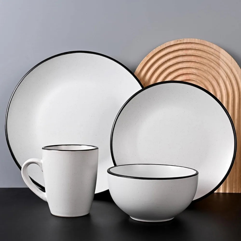 Stoneware Dinnerware Set For Four 16 Pieces Speckled Ceramic With Matte White Finish