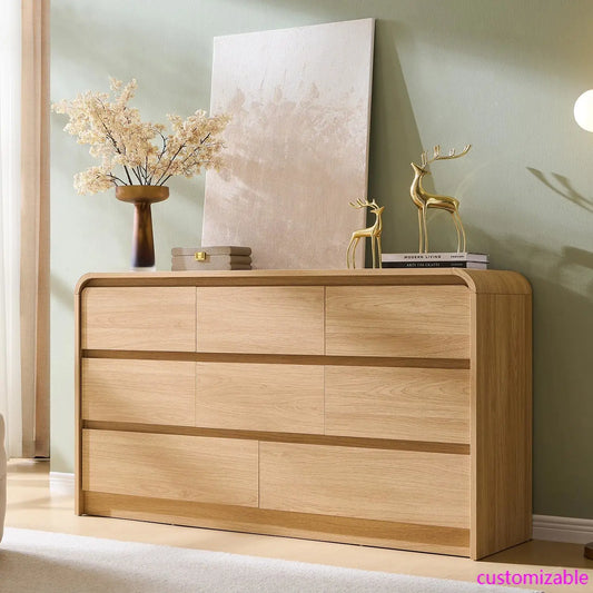 Modern 8 Drawer Dresser For Bedroom 55 Inch Wide Chest Of Drawers With Curved Profile Design Mid Century Wood Storage