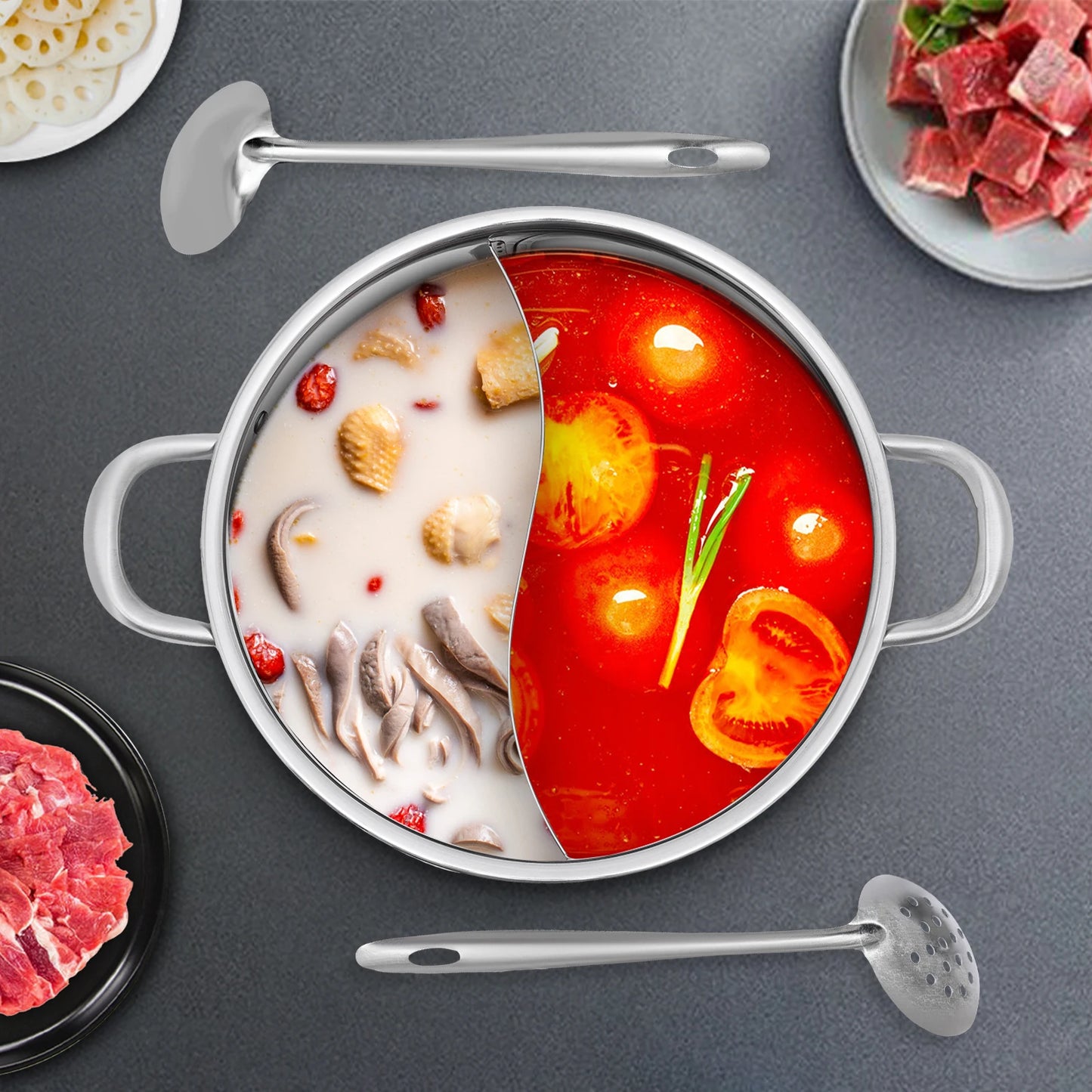 Stainless Steel Hot Pot Set With Divider And Glass Lid