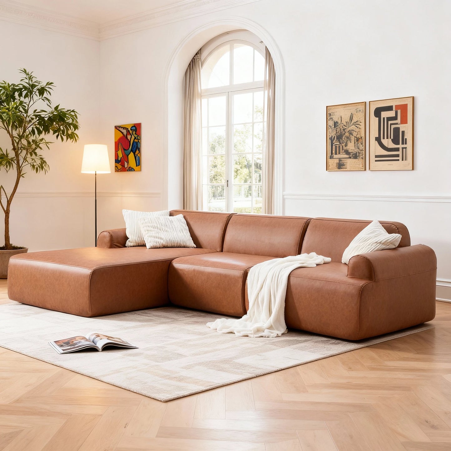 L Shaped Leather Modular Sofa With Deep Seats