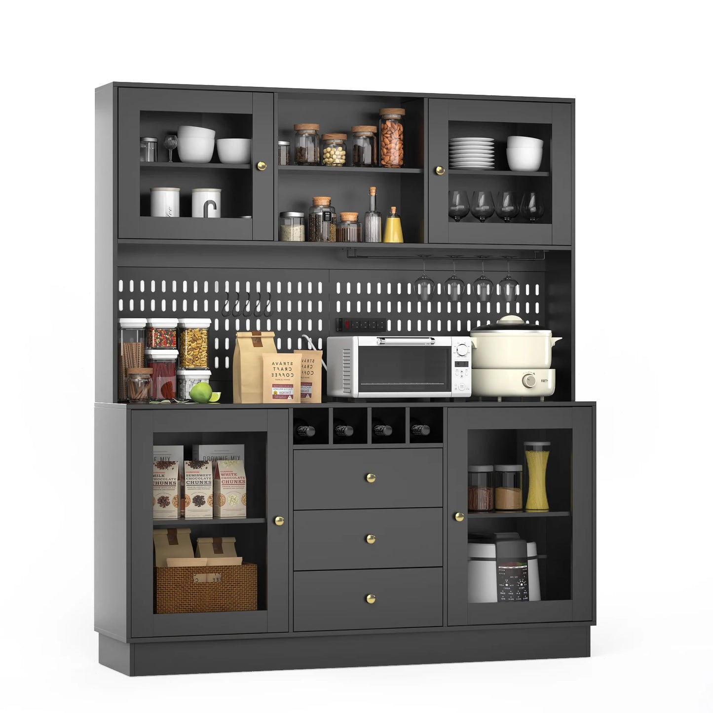 VOWNER Freestanding Pantry Cabinet For Kitchen Storage With Cup Holders Wine Racks Hooks And Pegboard Organizers