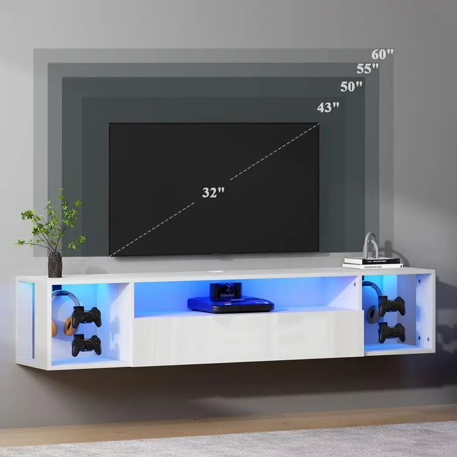Floating TV Stand with LED Lights and Hidden Storage