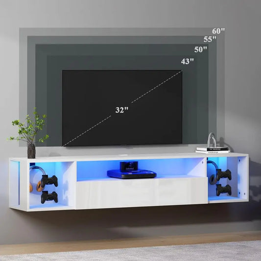 Floating TV Stand with LED Lights and Hidden Storage