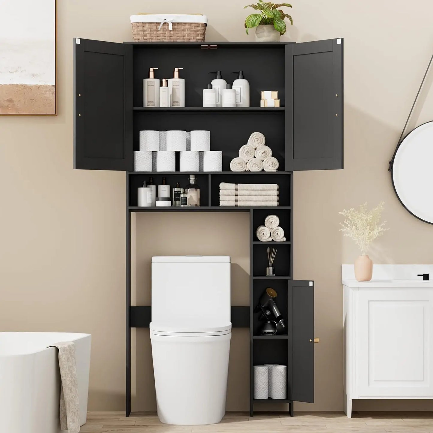 Over Toilet Storage Cabinet With Rattan Doors And Adjustable Shelves