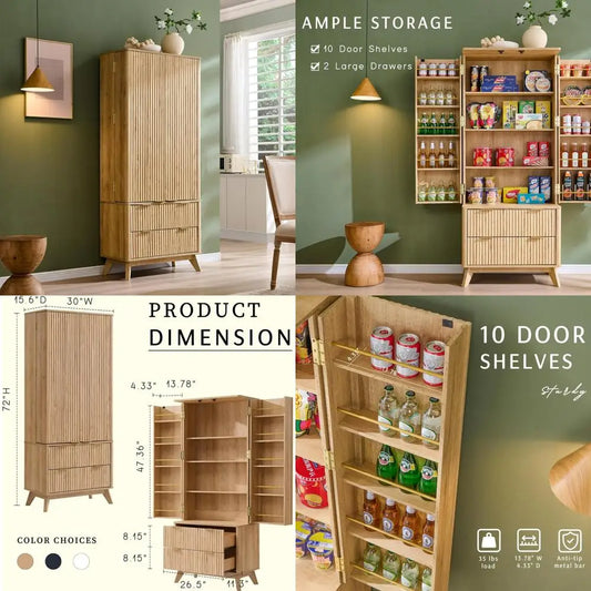 Fluted Pantry Cabinet Modern Kitchen Hutch With Two Drawers Rounded Edges Natural Oak Engineered Wood