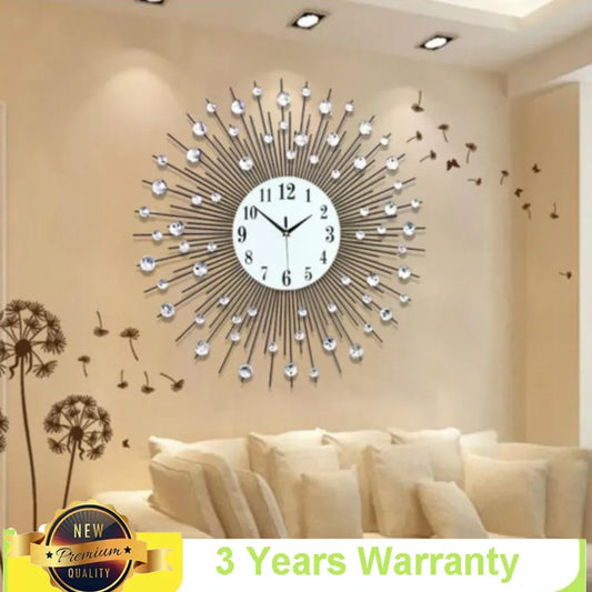 3D Large Metal Sunburst Wall Clock Battery Operated Modern Round Diamond Luxury Art Home Decor 60x60cm