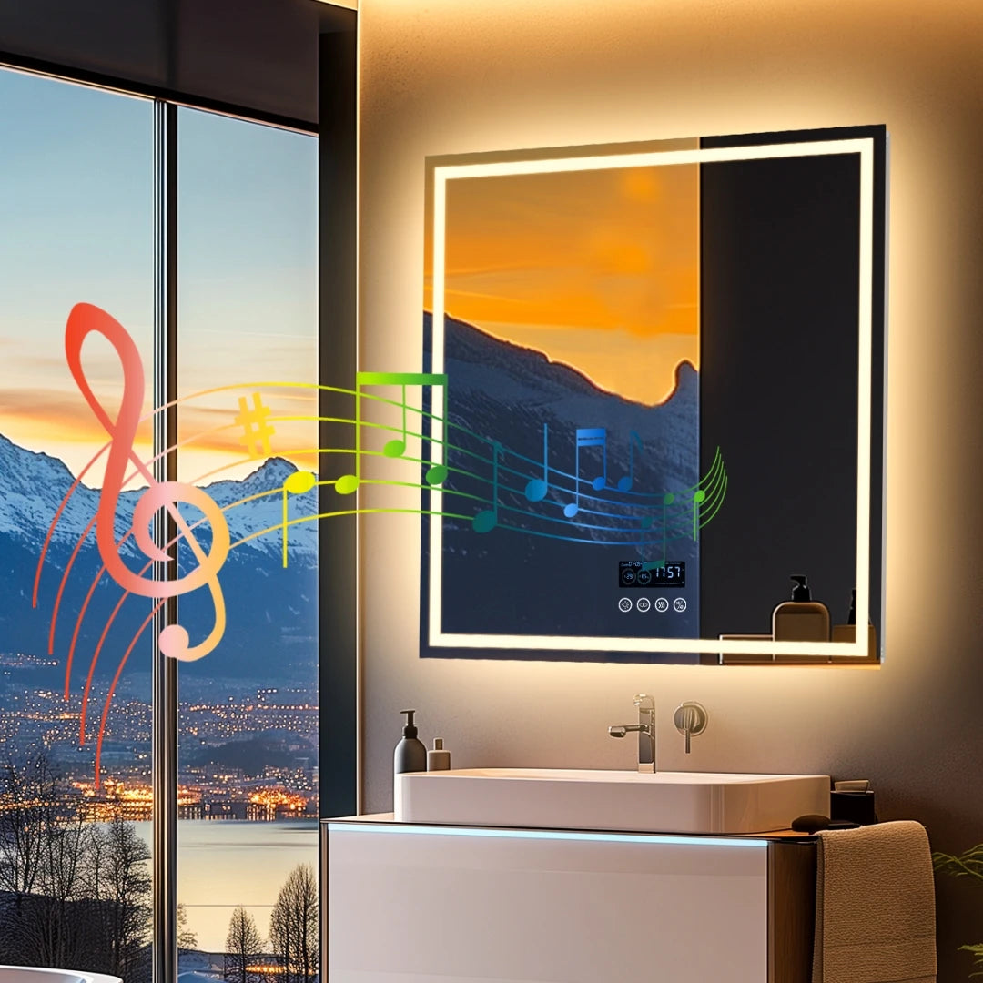 BORWART LED Bathroom Mirror Bluetooth Time Temperature Display Anti Fog