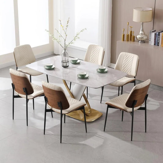 Angduo PU Leather Armless Dining Chairs Set Of 6 In Modern Walnut Finish For Kitchen And Dining