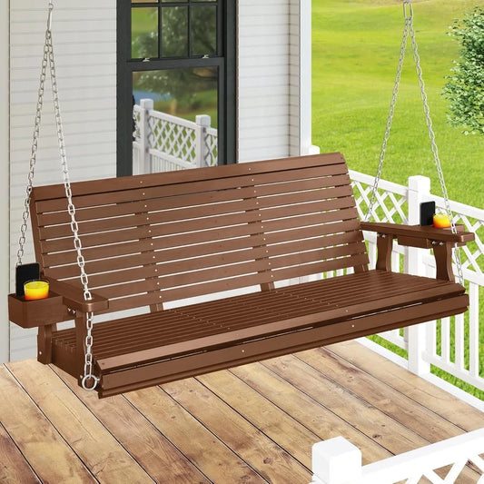 Wooden Front Porch Swing For Three With Cup Holders
