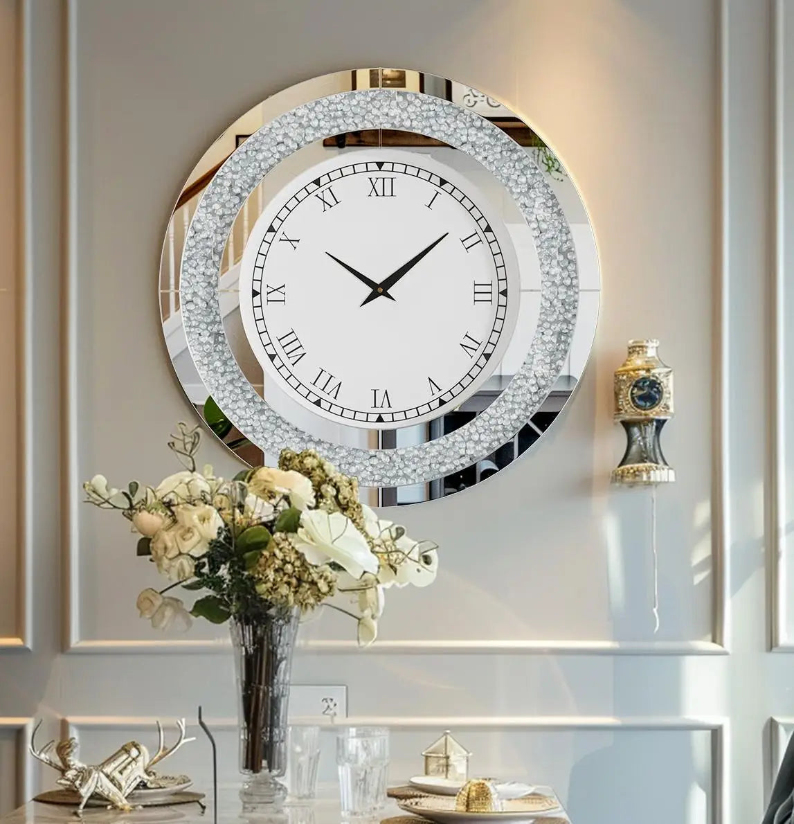 Silver Round Mirror Clock 60cm 80cm Beveled Crystals Crushed Diamond Effect Glam Wall Decor for Home