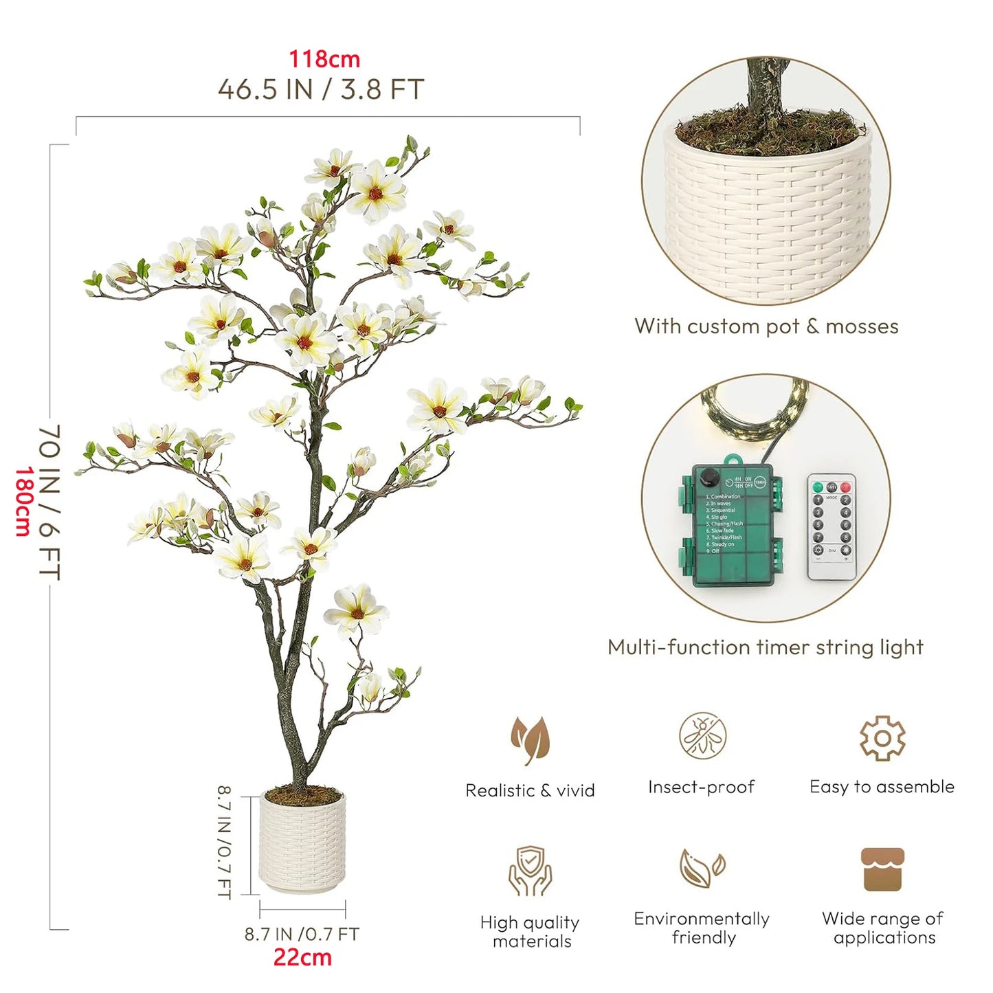 Artificial Magnolia Plant With LED Light For Indoor Outdoor Decor