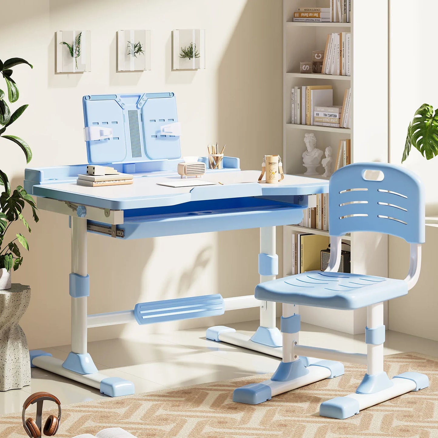 Functional Desk And Chair Set With Tilt Desktop And Bookstand