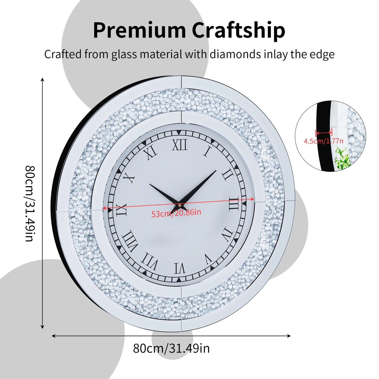 Silver Round Mirror Clock 60cm 80cm Beveled Crystals Crushed Diamond Effect Glam Wall Decor for Home