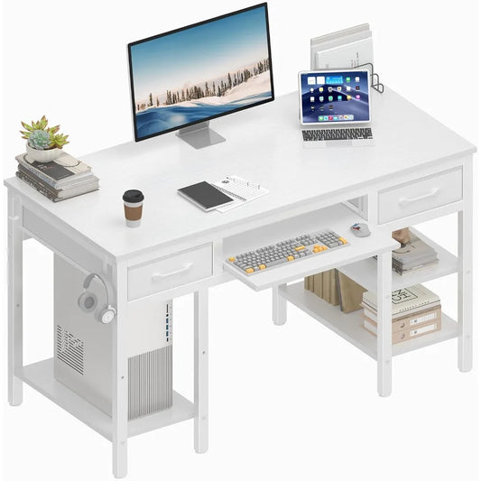 DAFIFY Space Saving Desk With Slide Out Keyboard Tray And Three Adjustable Height Shelves Storage