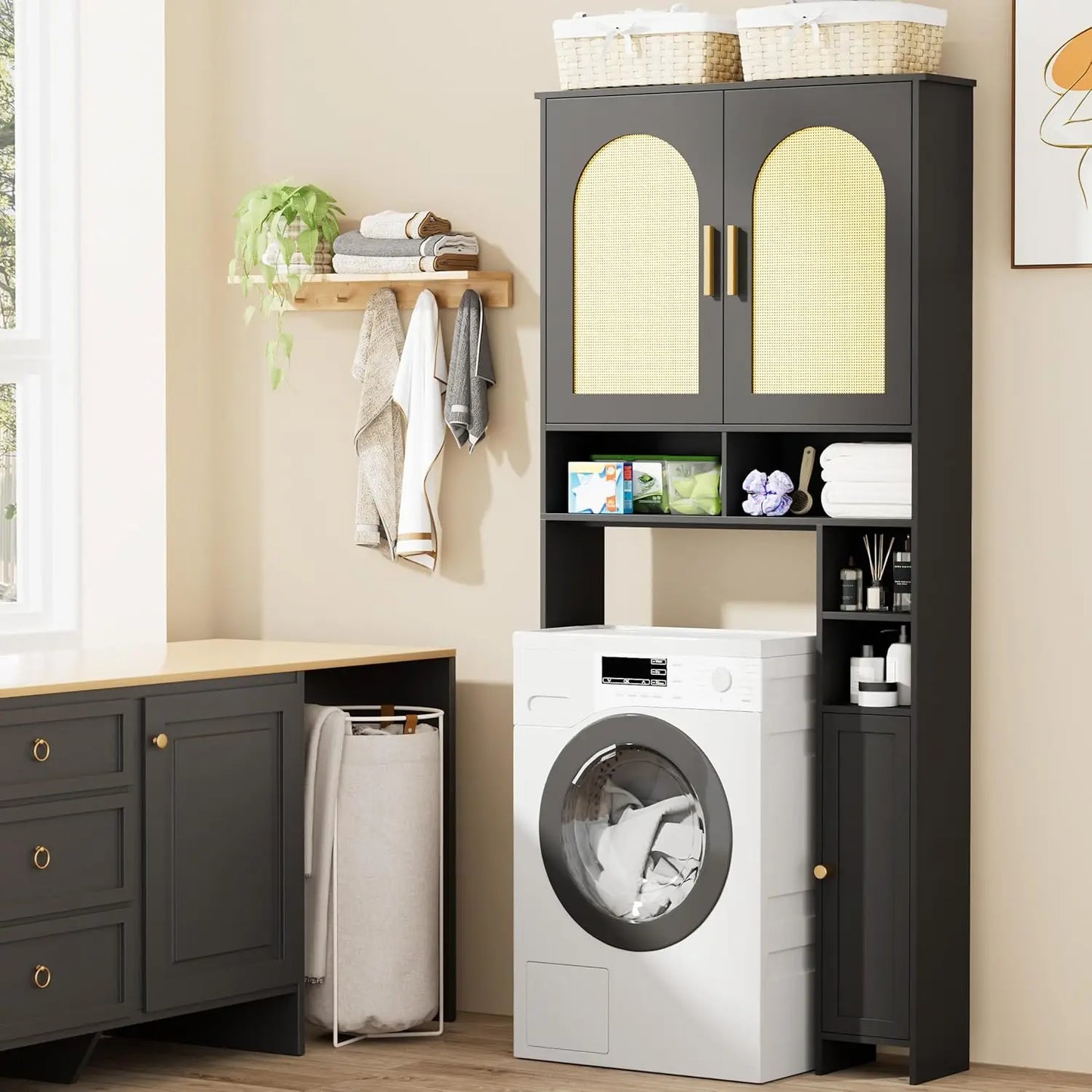 Over Toilet Storage Cabinet With Rattan Doors And Adjustable Shelves