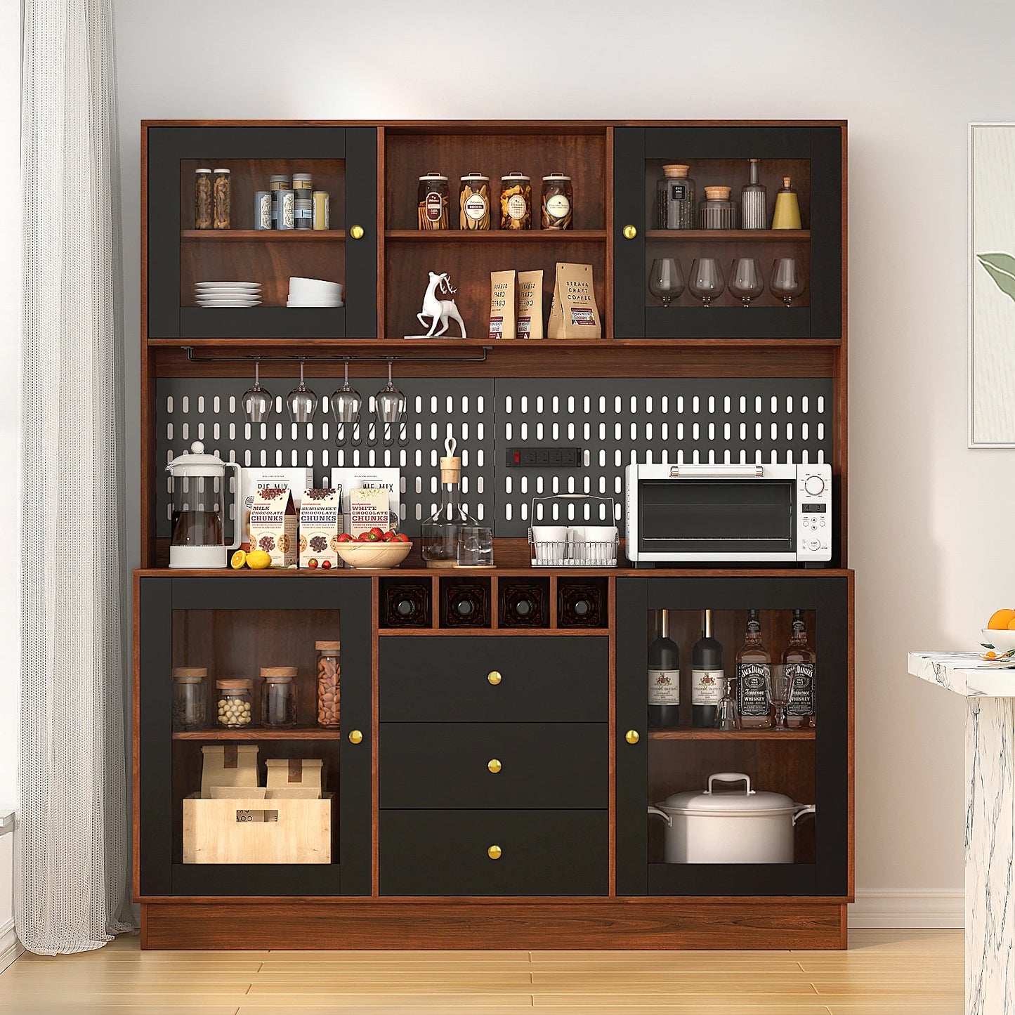 VOWNER Freestanding Pantry Cabinet For Kitchen Storage With Cup Holders Wine Racks Hooks And Pegboard Organizers
