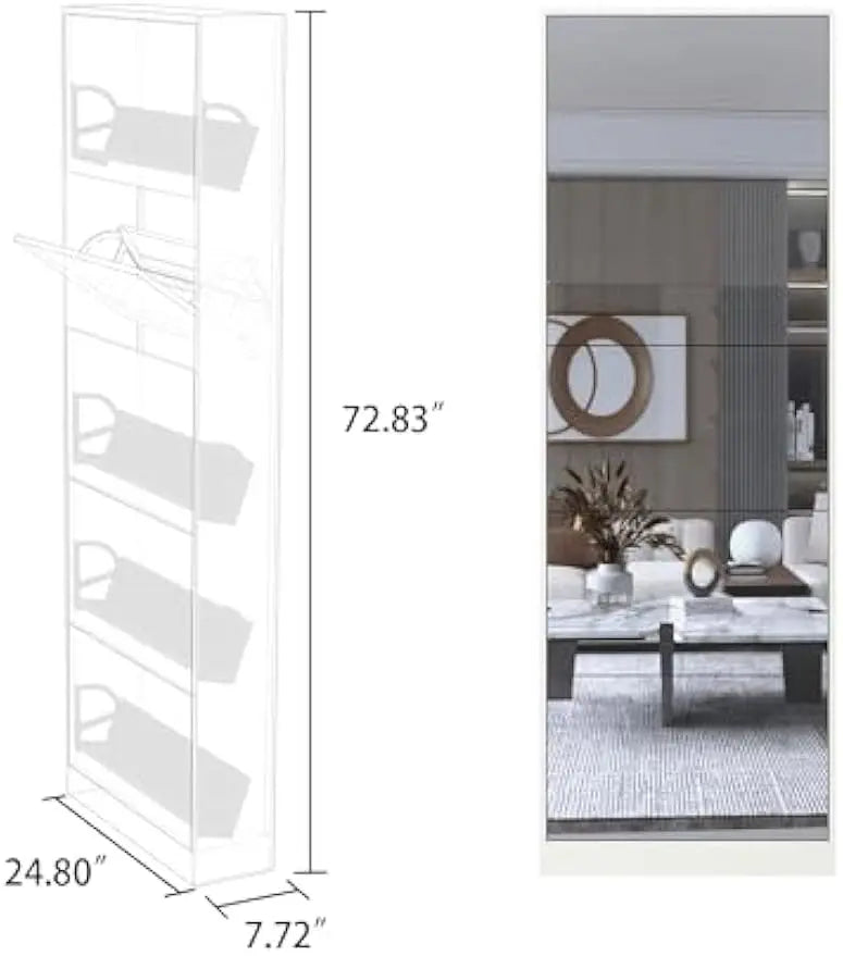 Mirrored Five-Drawer Shoe Cabinet With Full-Length Mirror
