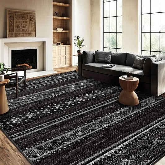 Neutral Geometric Rug For Living Room Washable Non-Slip Low Pile