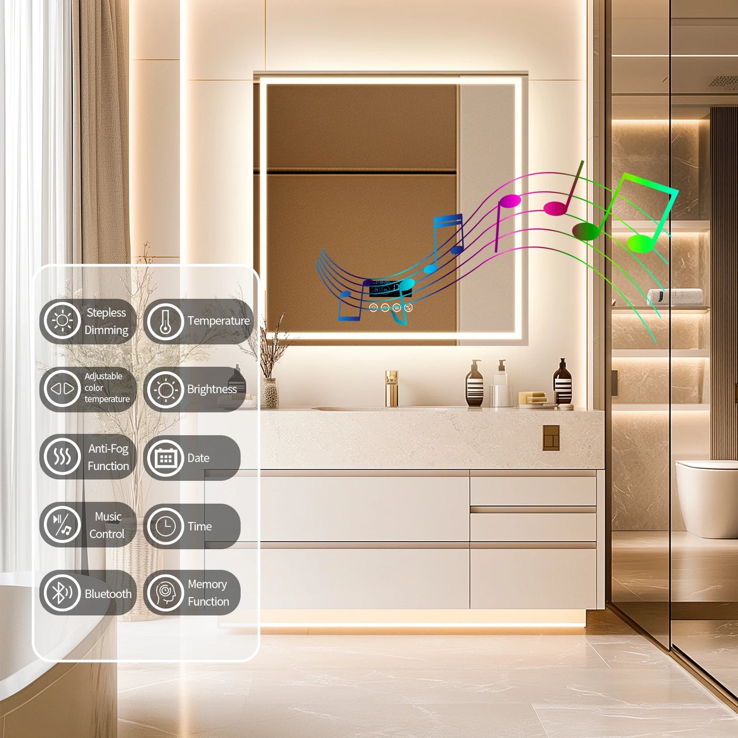 BORWART LED Bathroom Mirror Bluetooth Time Temperature Display Anti Fog