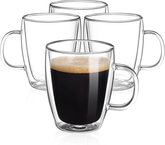 4 Piece Set Of 12oz 350ml Transparent Hand Blown Glass Coffee Cups With Double Wall Insulation And Handles